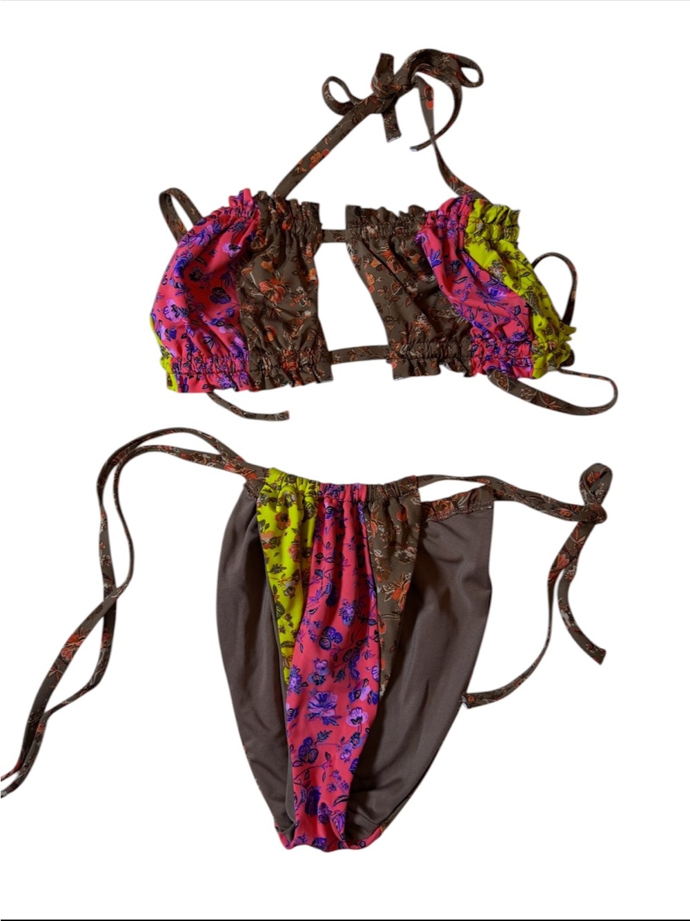 Brown Floral Accent Ruched Triangle Bikini Set - Women